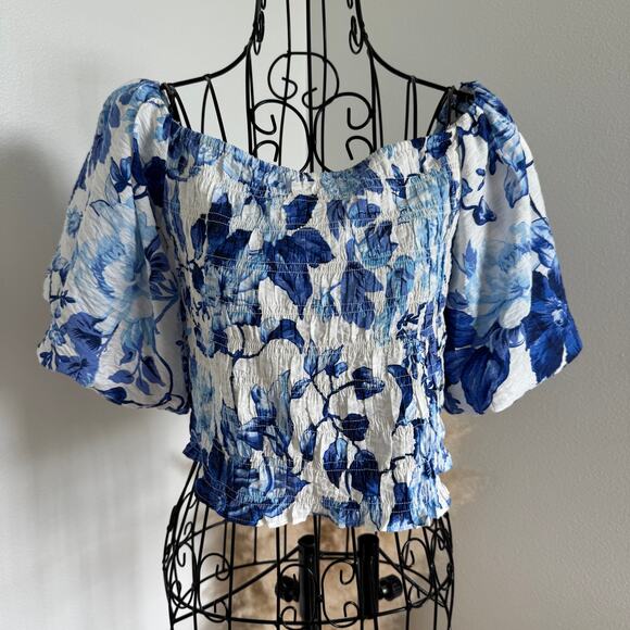 H&M Blue Floral Off The Shoulder Puff Sleeve Smocked Blouse Small - Picture 1 of 8